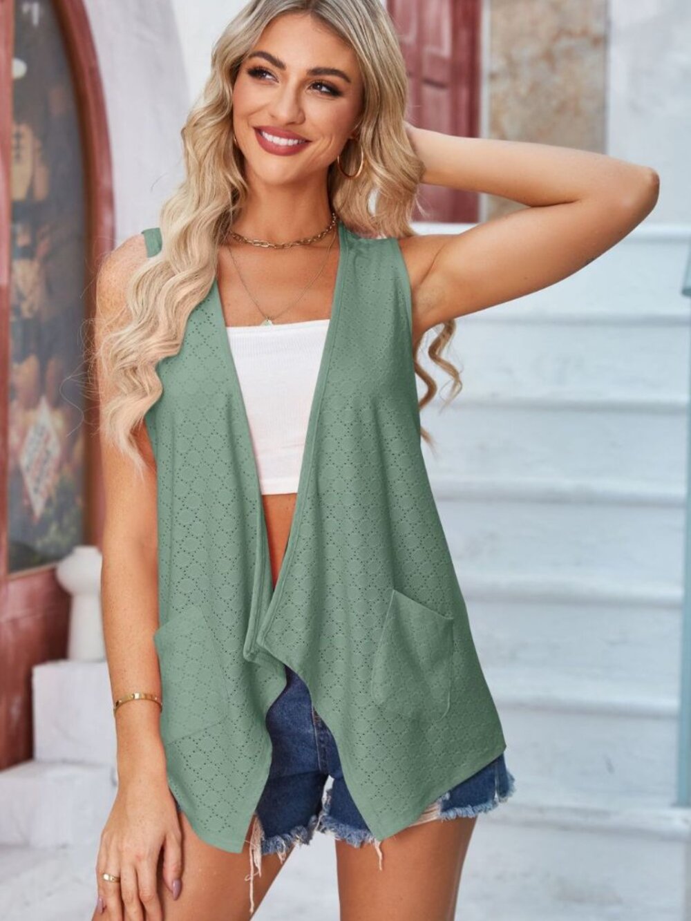 Sage Green Eyelet Open Front Sleeveless Cardigan - Picture 2 of 6